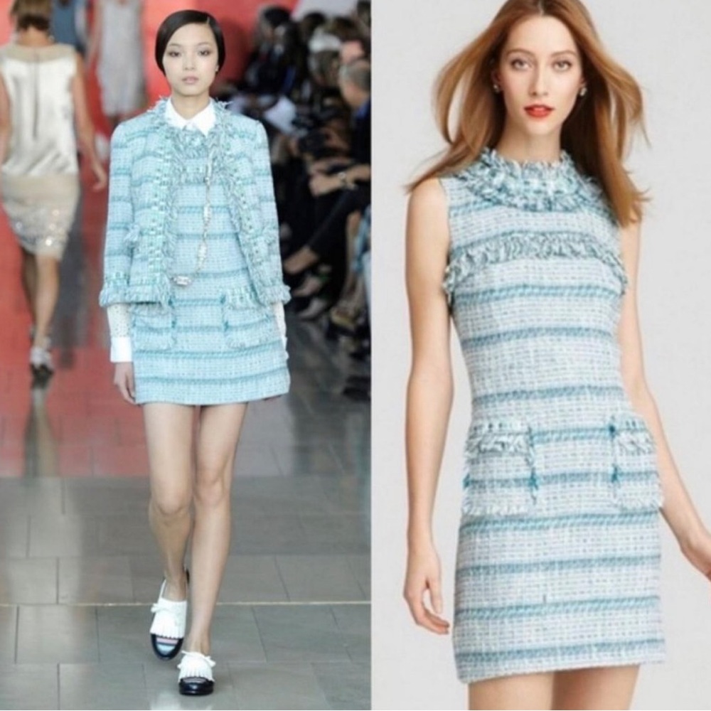 Tory Burch Curtis Tweed Fringe Aqua Blue Dress
